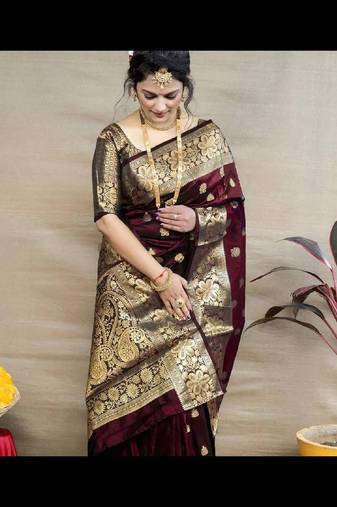Maroon silk blend banarasi saree with unstitched blouse piece