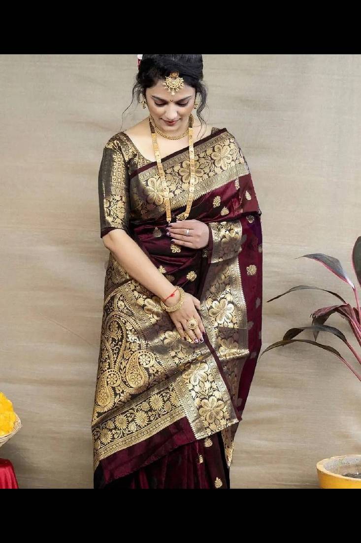 Maroon silk blend banarasi saree with unstitched blouse piece