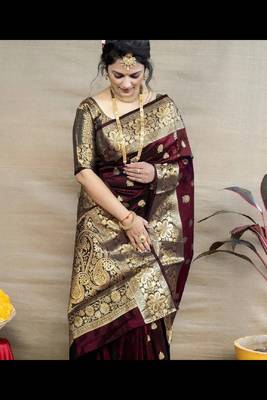 Maroon silk blend banarasi saree with unstitched blouse piece 1