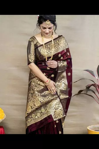 Maroon silk blend banarasi saree with unstitched blouse piece
