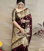 Maroon silk blend banarasi saree with unstitched blouse piece