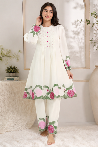 white color embroidery  work silk blend salwar suit