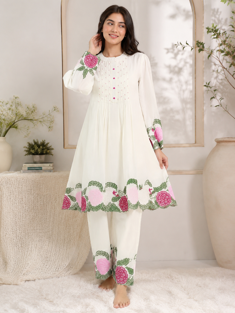 white color embroidery  work silk blend salwar suit