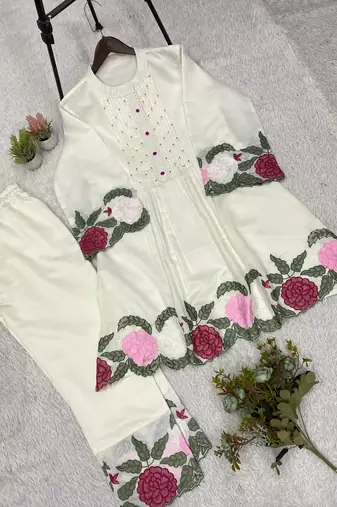 white color embroidery  work silk blend salwar suit