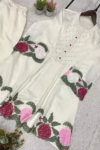 white color embroidery  work silk blend salwar suit