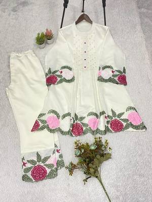 white color embroidery  work silk blend salwar suit 5