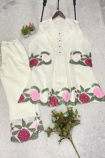 white color embroidery  work silk blend salwar suit