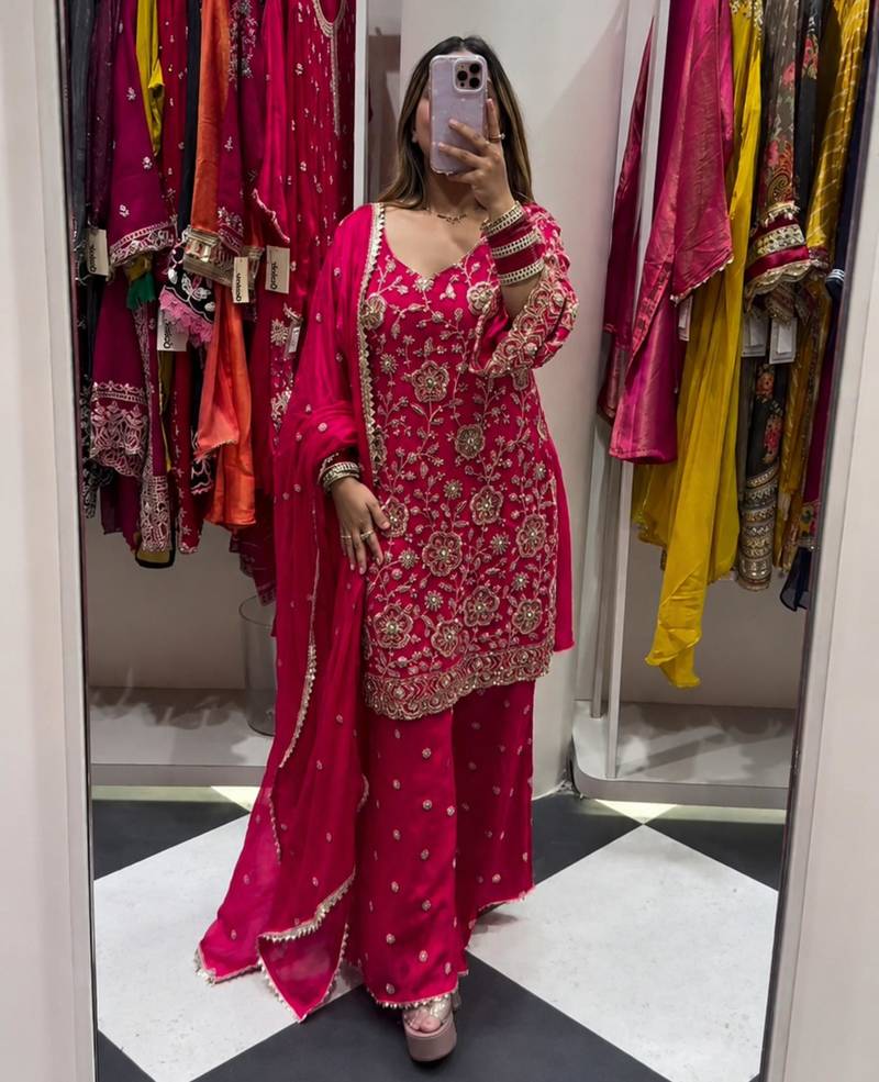 Georgette pink embroidered palazzo set
