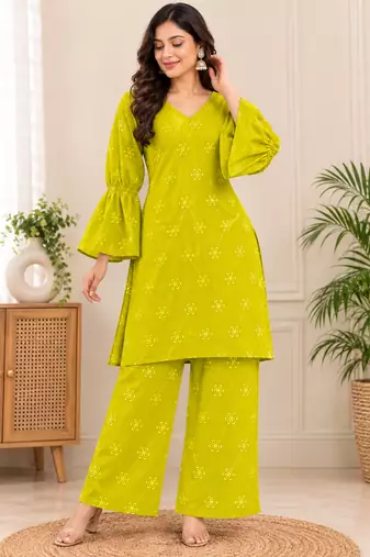 Mehendi color embroidery  work cotton salwar suit