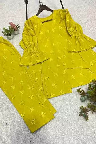 Mehendi color embroidery  work cotton salwar suit