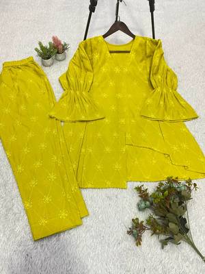 Mehendi color embroidery  work cotton salwar suit 5