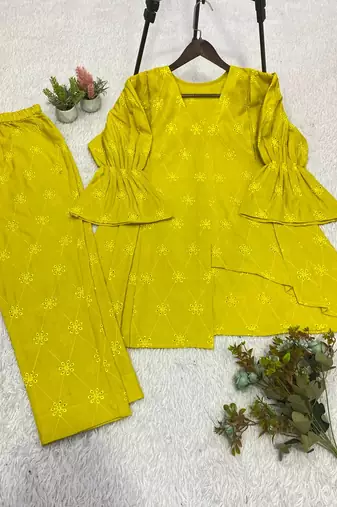 Mehendi color embroidery  work cotton salwar suit