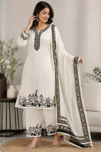 white color embroidery and mirror work rayon salwar suit