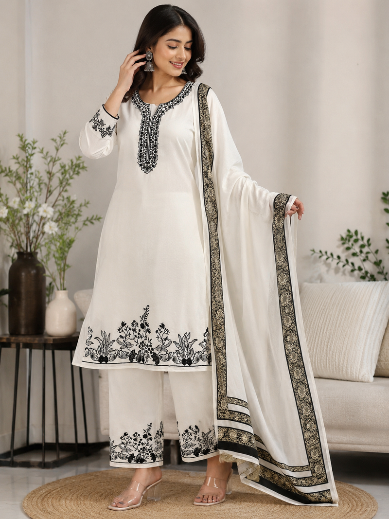 white color embroidery and mirror work rayon salwar suit