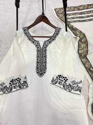 white color embroidery and mirror work rayon salwar suit 2