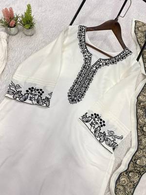 white color embroidery and mirror work rayon salwar suit 3
