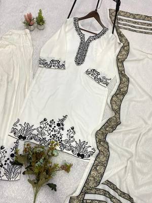 white color embroidery and mirror work rayon salwar suit 4
