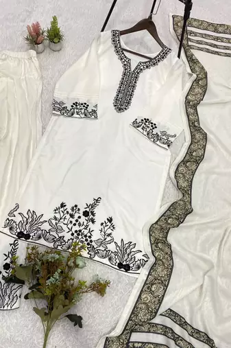 white color embroidery and mirror work rayon salwar suit