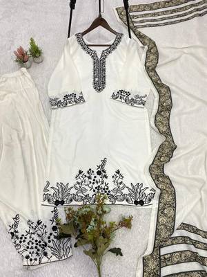 white color embroidery and mirror work rayon salwar suit 5