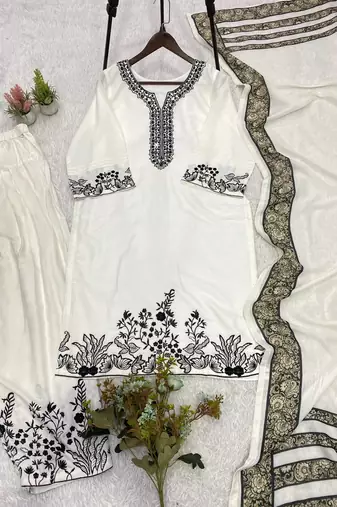 white color embroidery and mirror work rayon salwar suit