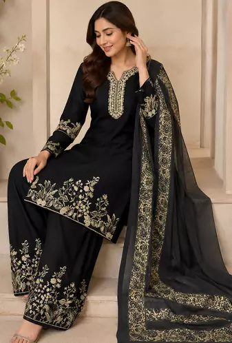 black color embroidery and mirror work rayon salwar suit