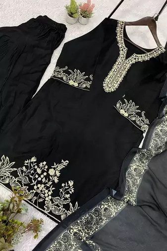 black color embroidery and mirror work rayon salwar suit