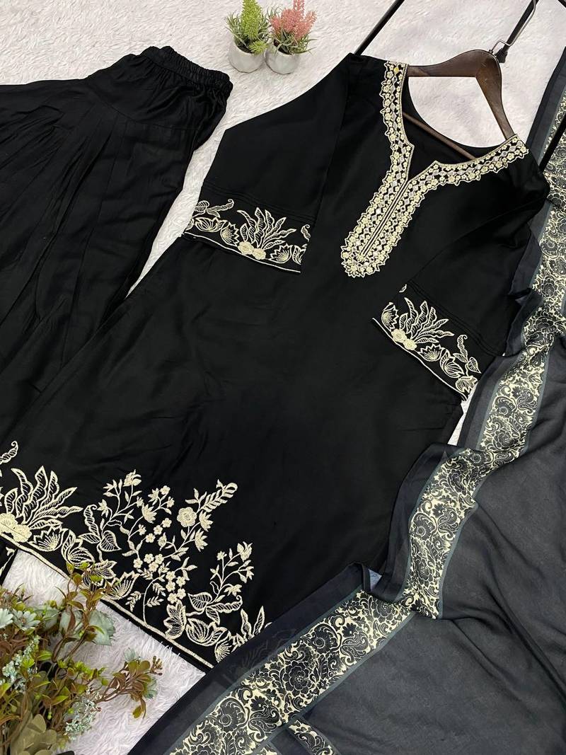 black color embroidery and mirror work rayon salwar suit