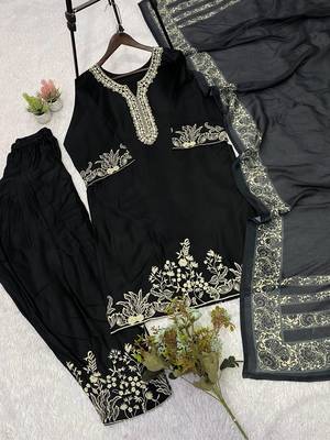 black color embroidery and mirror work rayon salwar suit 4