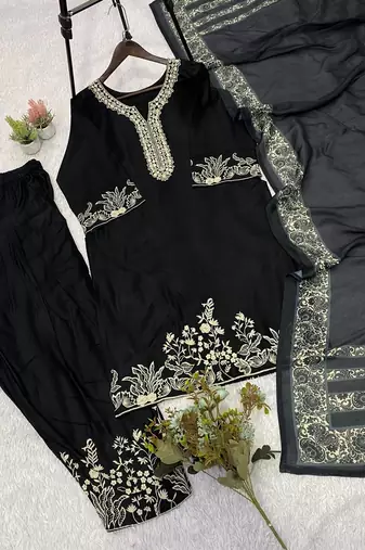 black color embroidery and mirror work rayon salwar suit
