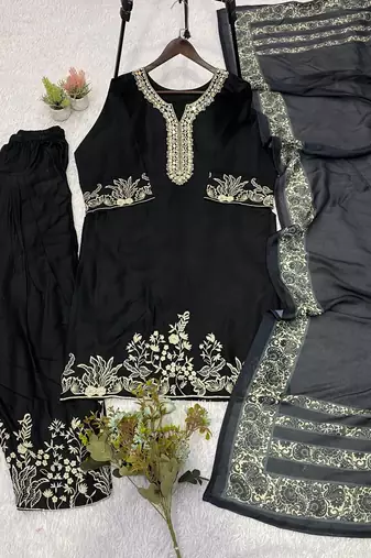 black color embroidery and mirror work rayon salwar suit