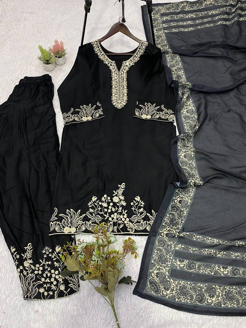 black color embroidery and mirror work rayon salwar suit