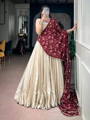 women off white monga silk plain lehenga choli with embroidered blouse and printed dupatta - free size 1