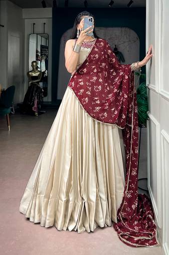 women off white monga silk plain lehenga choli with embroidered blouse and printed dupatta - free size