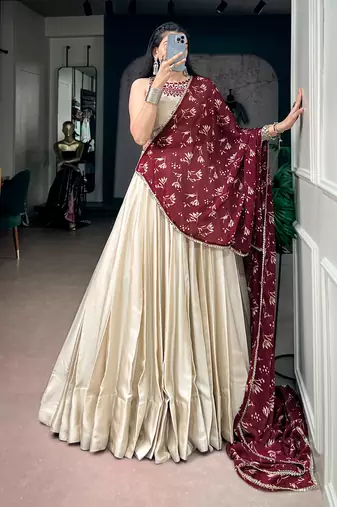 women off white monga silk plain lehenga choli with embroidered blouse and printed dupatta - free size
