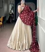 women off white monga silk plain lehenga choli with embroidered blouse and printed dupatta - free size