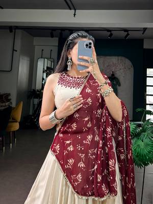 women off white monga silk plain lehenga choli with embroidered blouse and printed dupatta - free size 2