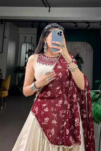 women off white monga silk plain lehenga choli with embroidered blouse and printed dupatta - free size