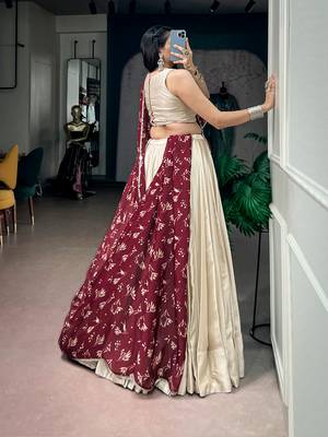 women off white monga silk plain lehenga choli with embroidered blouse and printed dupatta - free size 3