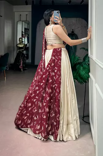 women off white monga silk plain lehenga choli with embroidered blouse and printed dupatta - free size