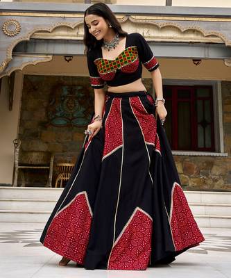 navratri special ajrakh printed rayon lehenga choli with gota patti lace - free size 1