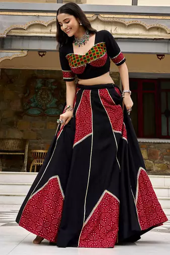 navratri special ajrakh printed rayon lehenga choli with gota patti lace - free size