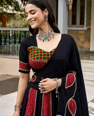 navratri special ajrakh printed rayon lehenga choli with gota patti lace - free size 2