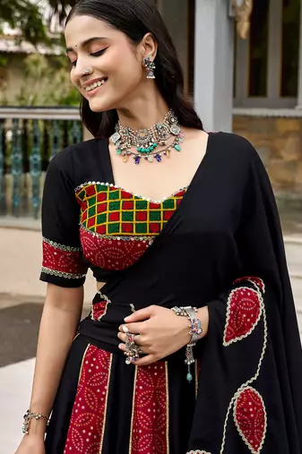 navratri special ajrakh printed rayon lehenga choli with gota patti lace - free size