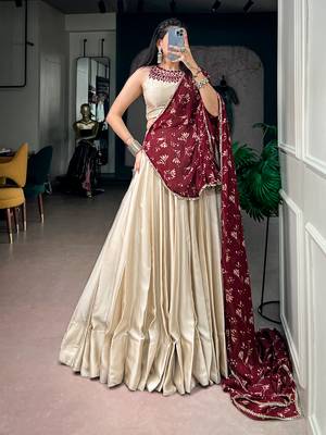 women off white monga silk plain lehenga choli with embroidered blouse and printed dupatta - free size 4