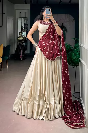 women off white monga silk plain lehenga choli with embroidered blouse and printed dupatta - free size
