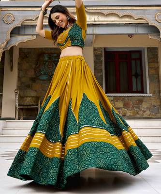 navratri special ajrakh printed rayon lehenga choli with gota patti lace - free size 1