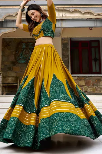 navratri special ajrakh printed rayon lehenga choli with gota patti lace - free size