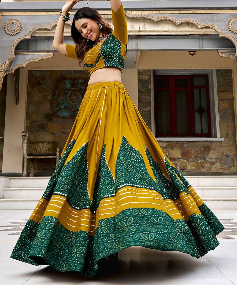 navratri special ajrakh printed rayon lehenga choli with gota patti lace - free size