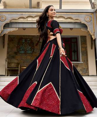 navratri special ajrakh printed rayon lehenga choli with gota patti lace - free size 3