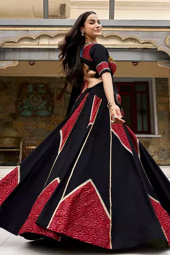 navratri special ajrakh printed rayon lehenga choli with gota patti lace - free size